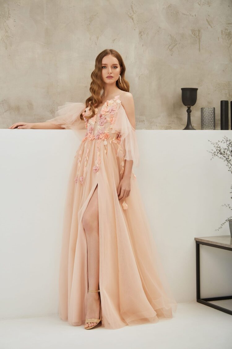 Peach Evening Dress With 3D Lace E2109 price