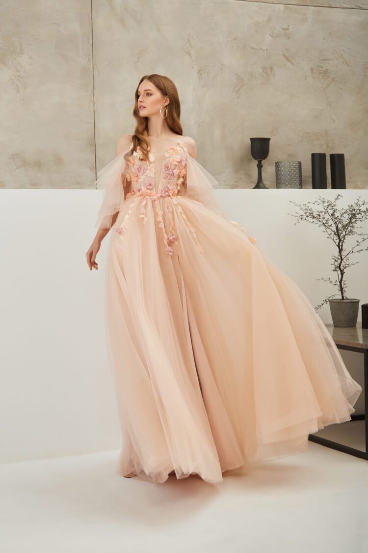 Peach Evening Dress With 3D Lace E2109