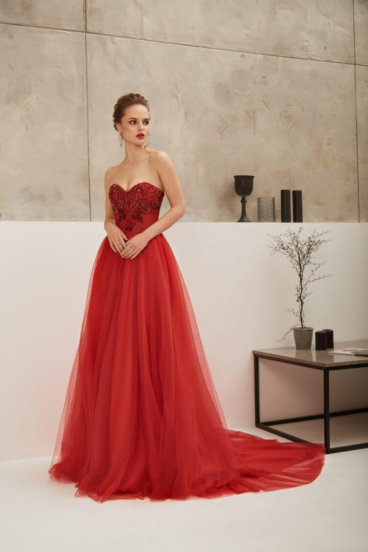 Red Tulle Evening Dress With Embroidery E2112