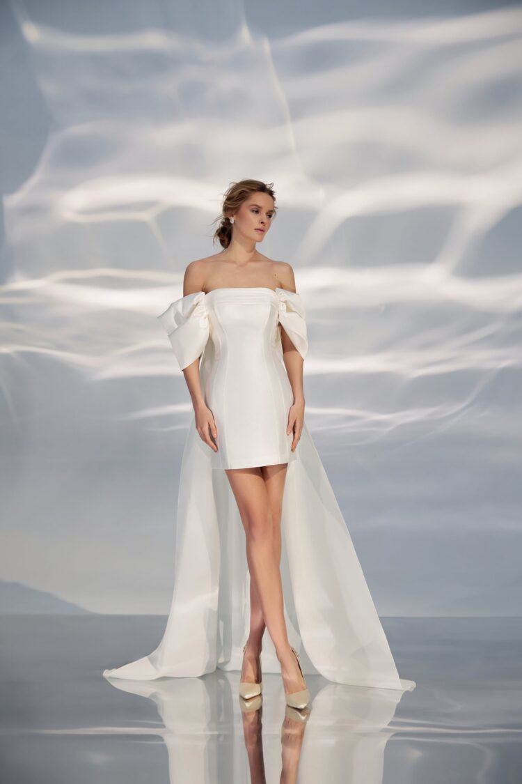 Short Mikado Wedding Dress With Organza Train L333