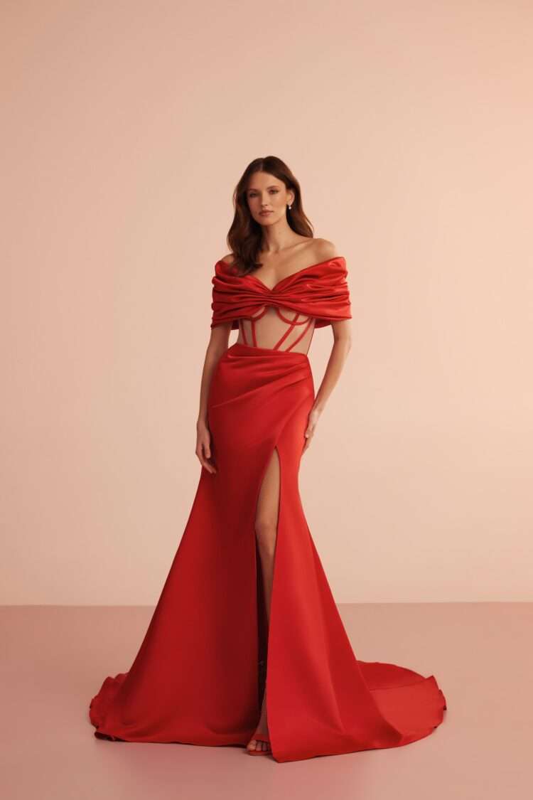 Red Satin Wedding Dress With Bolero L419